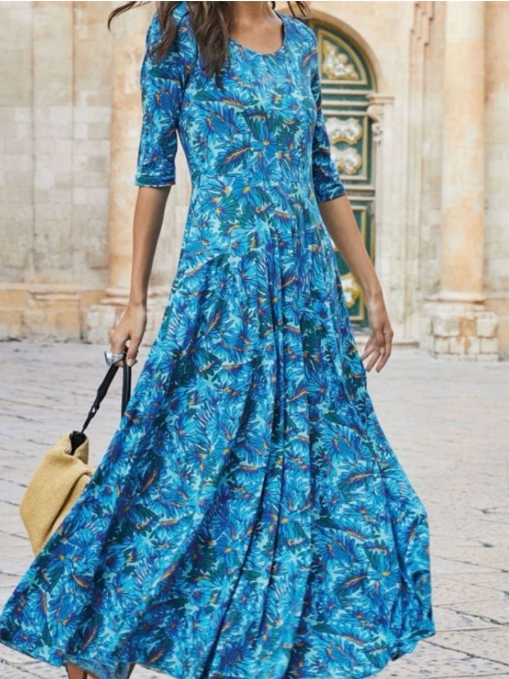 Peruvian Connection Dress Womens Sz M Blue Maldives Maxi Floral Pima Jersey